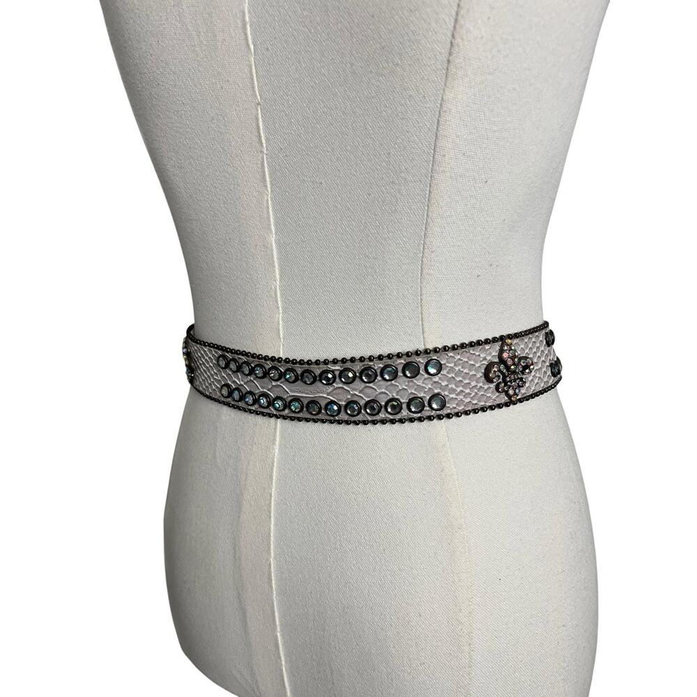 Nocona Leather Belt Womens Large White Western Fleur De Lis Rhinestone Studded - Picture 3 of 8